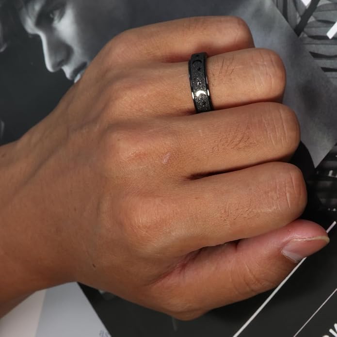 AmorArtSky Anxiety Ring for Women Men, Titanium Stainless Steel Spinner Ring, 5 Colors, 6MM, Size 6-10, 3 Styles Anxiety Ring-Moon Star, Sandblasted Finished, Hollow Outer