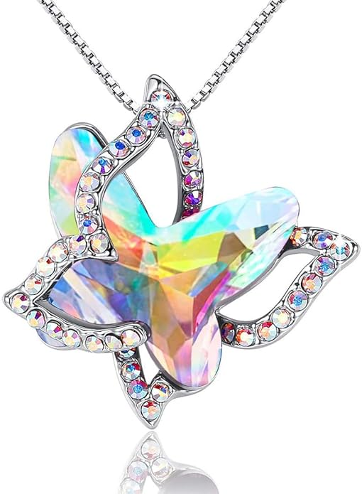 Gift Butterfly Birthstone Crystal Necklace, Silver Tone with 18”+2” Chain, Necklace for Mother’s Day Anniversary Birthday Gifts for Women and Daughter