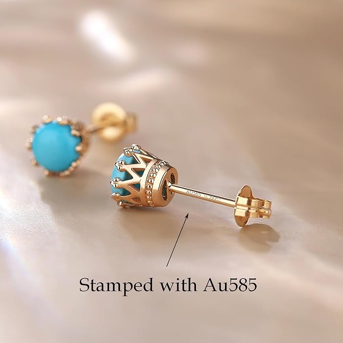 FANCIME 14K Real Solid Yellow Gold Genuine Gemstone Earrings Small Natural Turquoise Birthstone Earrings Hypoallergenic Bezel Setting Fine Jewelry for Women