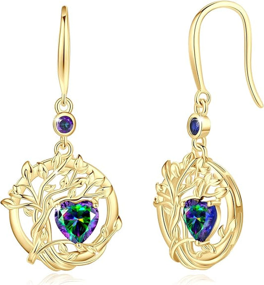 FANCIME Tree of Life Dangle Drop Earrings 925 Sterling Silver Dainty Round Gemstone Birthstone Earring Fine Jewelry Birthday Christmas Gifts for Her Women