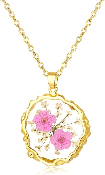 Birth Flower Necklaces for Women,1-12 Month Real Pressed Flower Necklace,Boho-Style Personalized Jewelry, Handmade Floral Pendant,Thoughtful Gift for Christmas,Birthday|18"