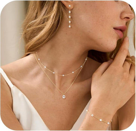 DIBOLA Gold Jewelry Set for Women, Dainty Layered 14K Gold/Silver Pearl Choker Necklaces and Earring Set Pearl Earrings Bracelets Wedding Bride Jewelry