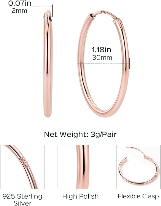 ChicSilver Hypoallergenic 925 Sterling Silver Hoop Earrings for Women, Lightweight Large Gold Plated Hoop Earrings, Endless Hoops Earring 20/30/40/50/60/70MM