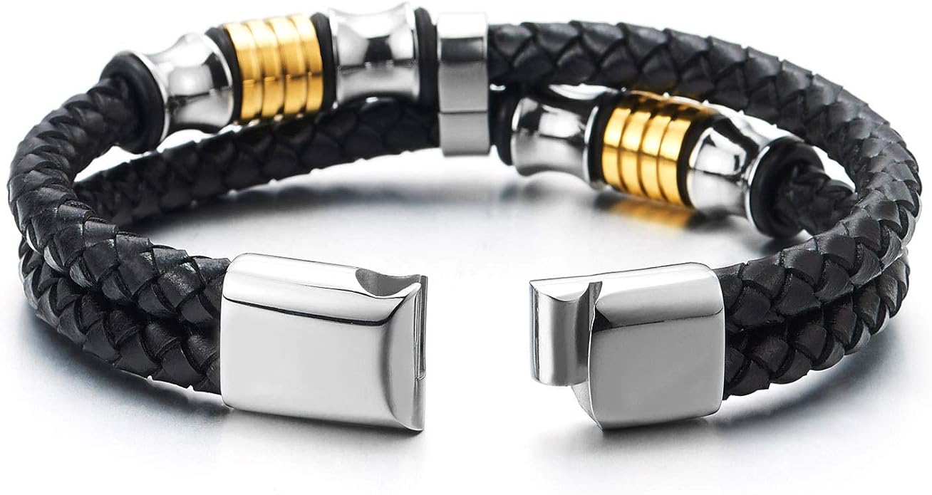 COOLSTEELANDBEYOND Mens Double-Row Braided Leather Bracelet Bangle Wristband with Stainless Steel Ornaments
