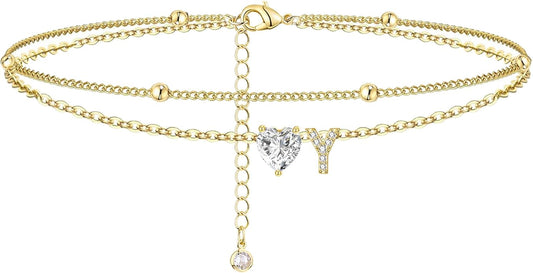 Ankle Bracelets for Women Waterproof 14K Gold Plated CZ Initial Anklet for Women Dainty Layered Letter Heart Ankle Bracelets Handmade Adjustable Foot Chain Anklet Summer Beach Jewelry