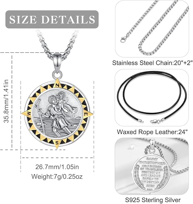 EUDORA 925 Sterling Silver St Christopher/St Benedict/St Michael/Virgin Mary/San Judas Tadeo/Good Shepherd Cross/Archangel Necklace Medal Pendant Protection Religious Amulet Jewelry For Men Women