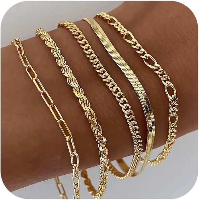 DEARMAY 14K Gold Plated Bracelets for Women Waterproof, Jewelry Sets Trendy Thin Dainty Stackable Cuban Link Paperclip Chain Bracelet Pack Fashion Accessories Gifts for Womens