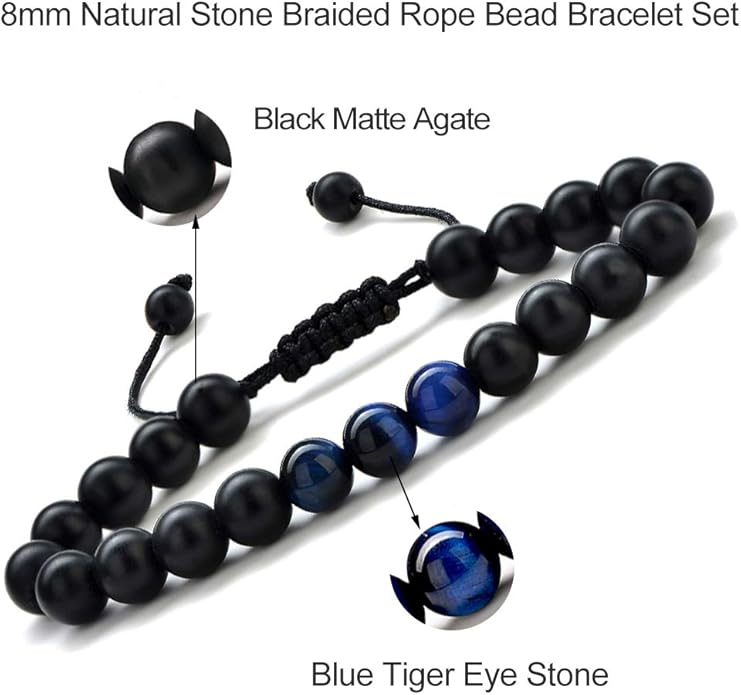M MOOHAM Natural Stone Bracelets for Men - 8mm Tiger Eye, Matte Agate, Lava Rock - Teen Boys Gifts for Birthday, Anniversary, Christmas