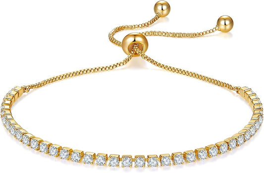 MINDDHA 14K Gold Plated Cubic Zirconia Tennis Bracelet – Elegant Tennis Bracelet for Women, Thin, Dainty, Stackable, Available in 2mm 3mm Width, Silver and Gold Color, Adjustable Slider 6-9 Inch