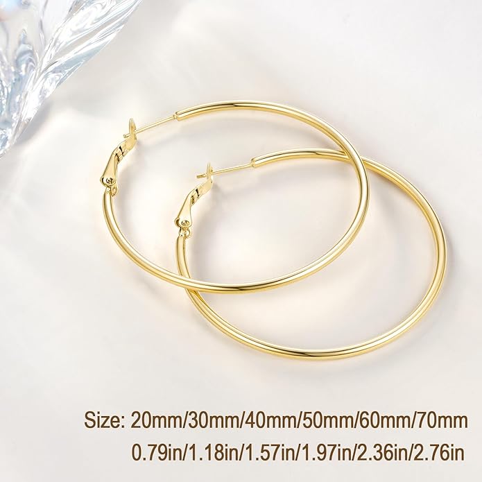 Jewlpire 14K Gold Plated 925 Sterling Sliver Post Hoop Earrings, 2MM Thick Hoop earrings Lightweight Large Hoop Earrings for Women Trendy 20/30/40/50/60/70mm