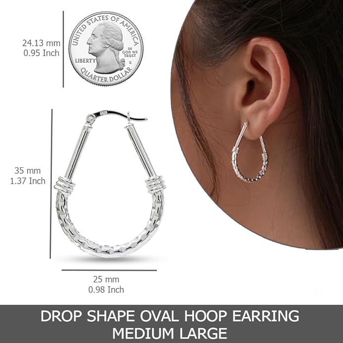 LeCalla 925 Sterling Silver Hoop Earrings | Italian Design Classic Diamond-Cut Textured Earring Hoops | Women's Drop Shape Oval Hoop Earring Jewelry for Women