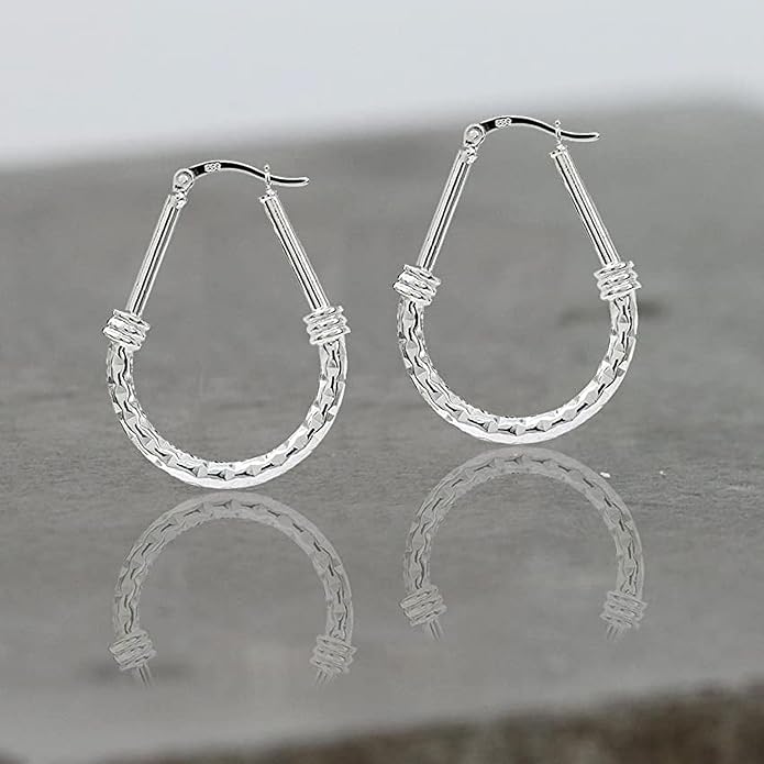 LeCalla 925 Sterling Silver Hoop Earrings | Italian Design Classic Diamond-Cut Textured Earring Hoops | Women's Drop Shape Oval Hoop Earring Jewelry for Women