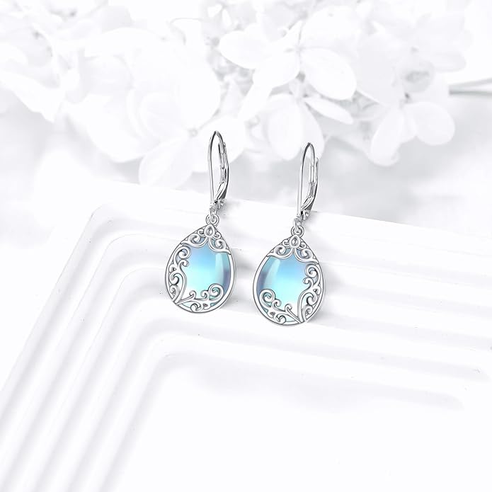Filigree Earrings Sterling Silver Teardrop Moonstone Moss Agate Lapis Lazuli Larimar Emerald Peridot Opal Dangle Dangly Drop Leverback Earrings Boho Jewelry Gifts for Women