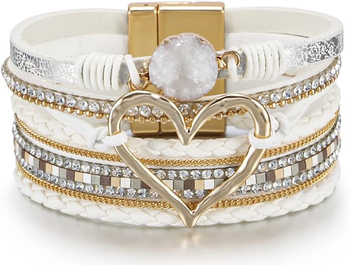 Fesciory Leopard Bracelet for Women, Boho Leather Wrap Multi-Layer Pearl Crystal Bracelet Bangle Jewelry