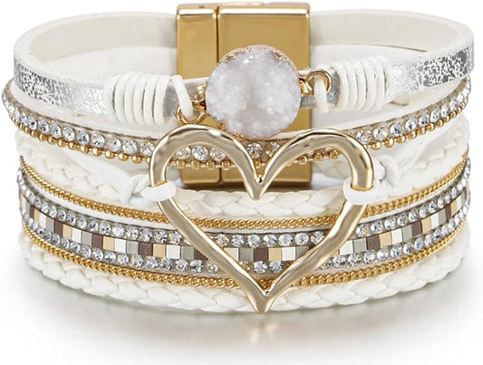 Fesciory Leopard Bracelet for Women, Boho Leather Wrap Multi-Layer Pearl Crystal Bracelet Bangle Jewelry