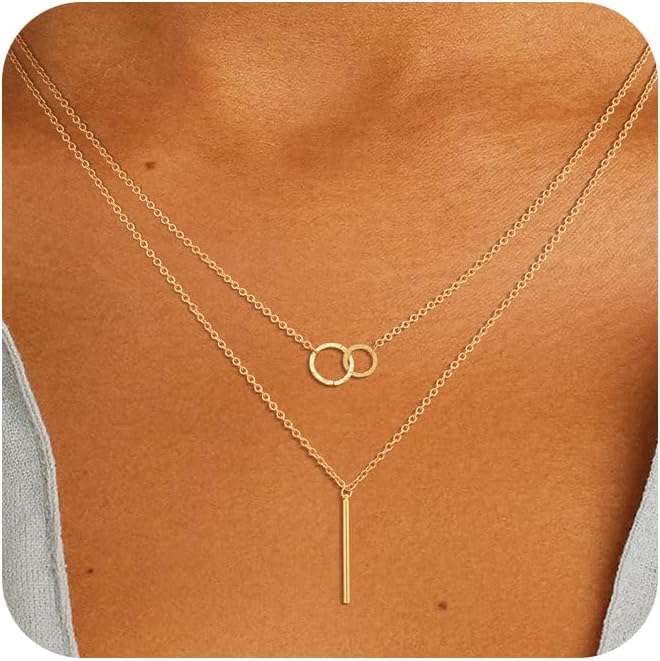 Layered Necklaces for Women 14K Gold Plated Stack Circle Pendant Trendy Long Chain Stackable Handmade Coin Necklace Set Dainty Gold Stacked Jewelry Gifts