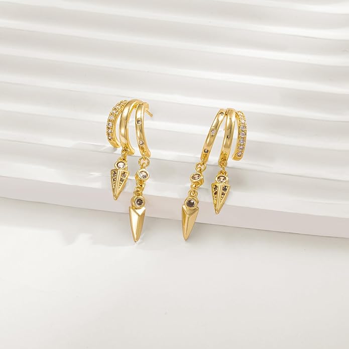 Dangle Earrings for Women,14k Gold Plated Triple Huggie Stud Earrings Dainty Drop Earrings for Women Trendy Gold Statement CZ Long Chain Earrings Non Tarnish Jewelry