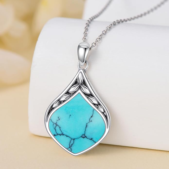 Teardrop Necklace 925 Sterling Silver Vintage Natural Gemstone Pendant Jewelry Birthday Christmas Gifts for Women Mom