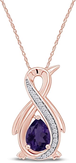Infinity Penguin Pendant Necklace for Women, 14K Gold Over Sterling Silver with Pear & Round Cut Simulated Birthstone & White Diamond Accents, Dainty Animal Jewelry Gift with 18" Chain