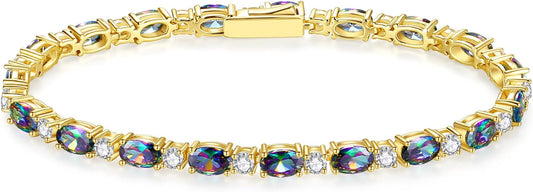 FANCIME 14K Gold Plated Birthstone Bracelets 4mm Sterling Silver Tennis Bracelets Gold Bracelets Birthday Jewelry Gifts for Women 7"