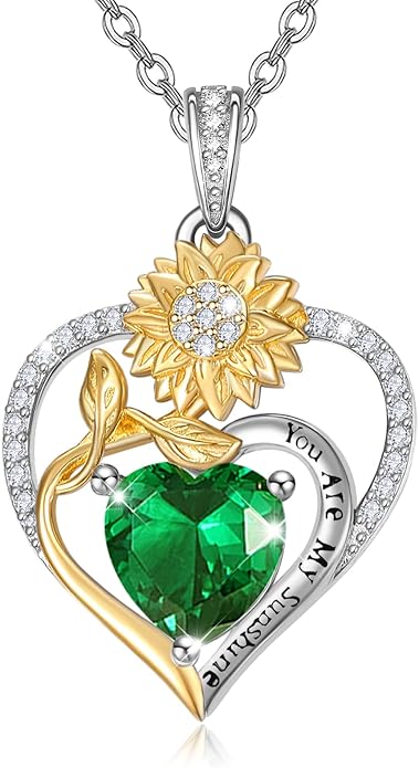 Zeuslia Double Birthstone Necklace Gifts for Wife - 925 Sterling Silver Sunflower/Rose/Crown Cross/Compass/Heart Pendant I Love You Necklace, Anniversary Birthday Gifts for Wife Girlfriend Mom Her