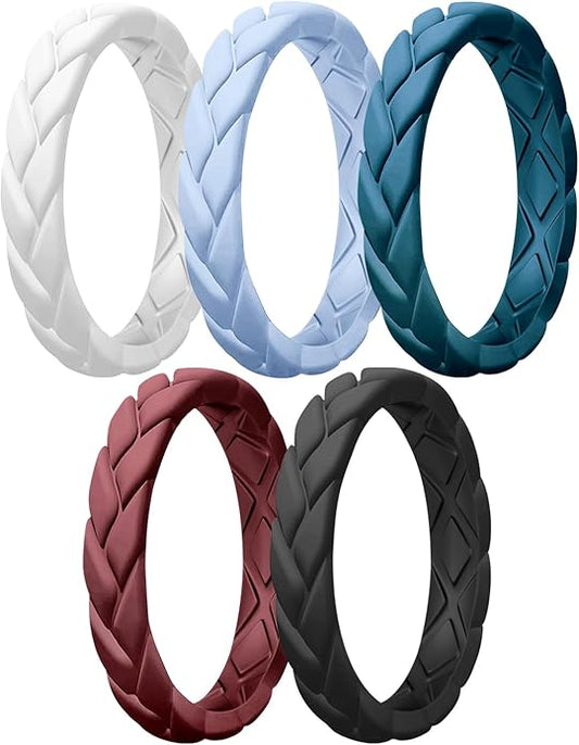 Egnaro Women's Silicone Stackable Rings 3.5mm Wide 2mm Thick, Rubber Flexible Hypoallergenic Wedding Bands For Workout Leaf Braided Fashion