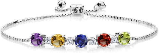Gem Stone King 925 Sterling Silver Customized and Personalized Round Gemstone Birthstone Tennis Bracelet For Women | Adjustable Bolo Bracelet For Women | Easy-On Easy-Off