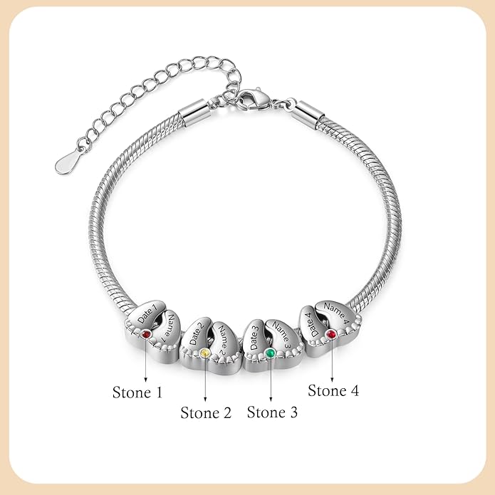 Jeweidea Personalized Foot Charm Birthstone Bracelet – Custom Engraved Bracelet with 1–5 Foot Charms, Name and Date Engraving, Meaningful Jewelry Gift for Mom Wife