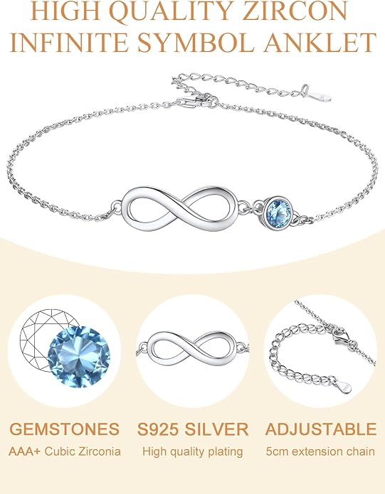 Custom4U Personalized Infinity Ankle Bracelets for Women 925 Sterling Silver Anklet Bracelet Endless Love Symbol Birthstone Charm Adjustable Foot Chain Jewelry Mothers Day Gifts for Mom Wife Women Her