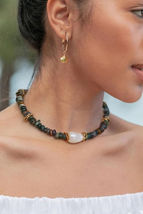 Chunky Statement Stone Beaded Necklace, Big Baroque Pearl Gold Choker, Trendy Boho Colorful Stone Jewelry