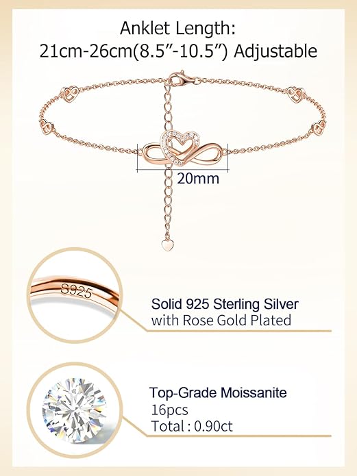 Moissanite Infinity Anklet for Women, Real Authentic 925 Sterling Silver Hypoallergenic, Beautiful Summer Jewelry, Dainty Ankle Bracelet, 8.6-10.6inch (21-26cm) Adjustable