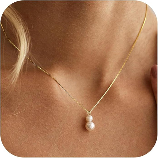 Gold Pearl Necklaces for Women Trendy, 14K Gold Plated Dainty Necklace Simple Layered Pearl Necklaces for Women Trendy Wedding Birthday Jewelry