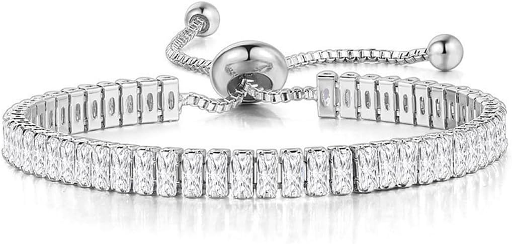Italian Sterling Silver Women's Tennis Bracelets | Ladies' Sterling Silver Rope Adjustable Bracelet with Crystals | Gift for She