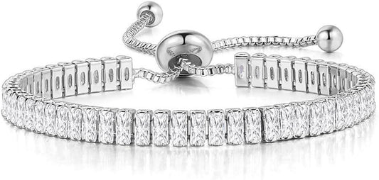 Italian Sterling Silver Women's Tennis Bracelets | Ladies' Sterling Silver Rope Adjustable Bracelet with Crystals | Gift for She