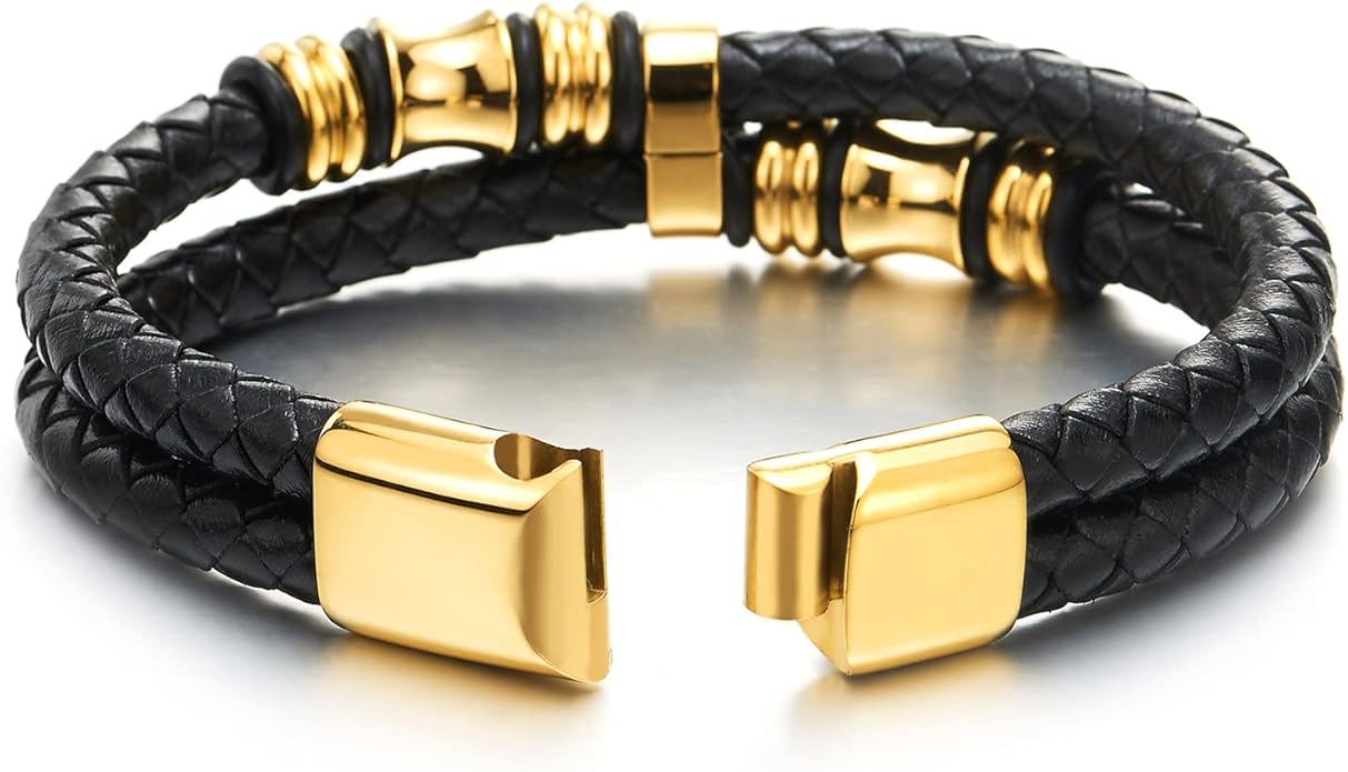 COOLSTEELANDBEYOND Mens Double-Row Braided Leather Bracelet Bangle Wristband with Stainless Steel Ornaments