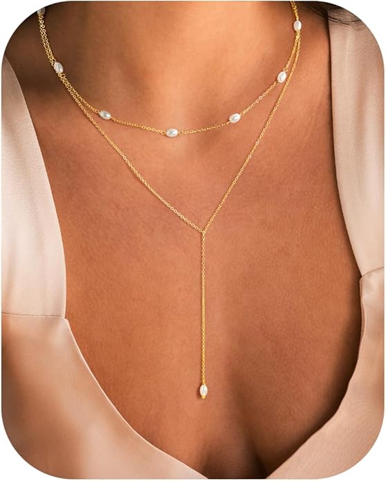 M MOOHAM Gold Lariat Necklace for Women - Dainty 14K Gold Plated Y-Shaped Long Drop Necklace Pearl Cross Clover Butterfly Cubic Zirconia Charm Layered Necklaces for Women Simple Jewelry Gifts