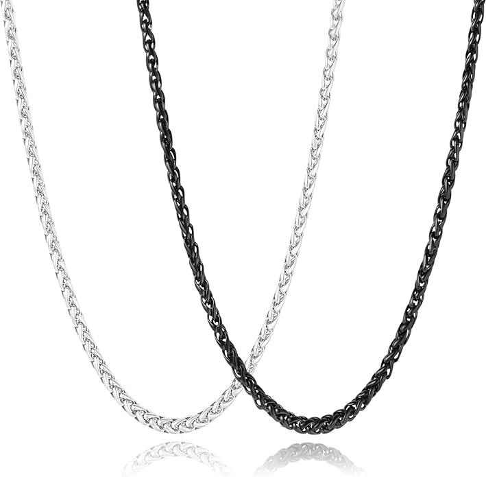 Garysiom 2 Pcs Chains for Men, 4mm Stainless Steel Silver Tone Gold or Black Wheat Necklace Chain for Men Women, 16, 20, 24, 28, 32 Inch