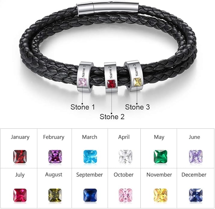 kaululu Custom Leather Bracelet for Men with 1/2/3/4/5/6/7/8 Birthstones Engraved Stainless Steel Beads Personalized Names Bracelet for Father's Day Christmas Thanksgiving Gift for Men