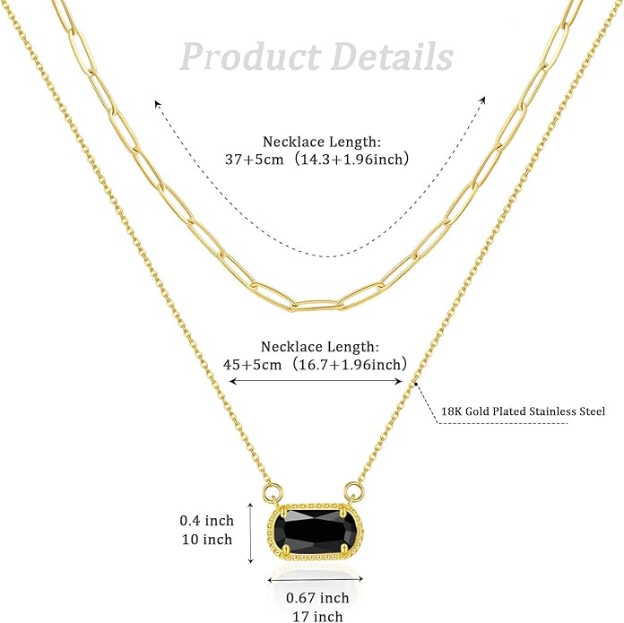 Lourny Gemstone Birthstone Pendant Layered Necklace for Women Trendy, 18K Gold Plated Paperclip Chain Preppy Choker Charm Necklace for Women Wife Jewelry