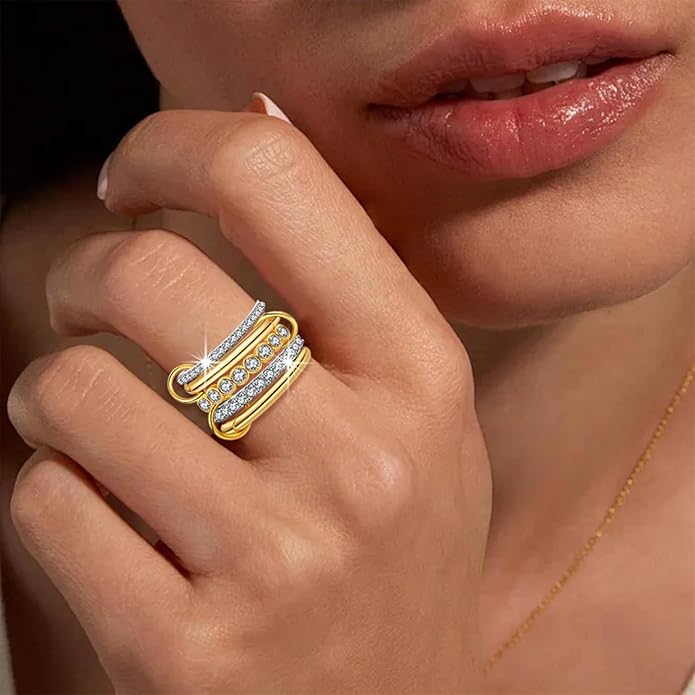 BROCC Stackable Rings for Women 18K Gold Plated Non Tarnish Cubic Zirconia Two-Toned Connected Bands Silver Gold Multi Ring Mixed Metals Stacking Rings Set