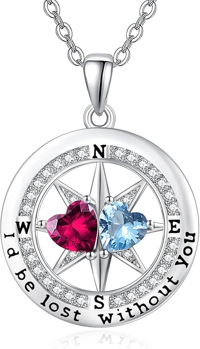 Compass Birthstones Necklace for Women, Exquisite Anniversary Birthday Gifts for Wife Her Double Birthstone Pendant jewelry ‘I'd be Lost Without You’