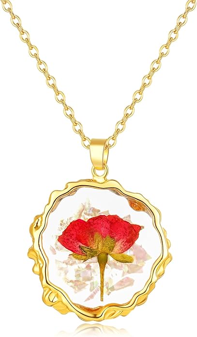 Birth Flower Necklaces for Women,1-12 Month Real Pressed Flower Necklace,Boho-Style Personalized Jewelry, Handmade Floral Pendant,Thoughtful Gift for Christmas,Birthday|18"
