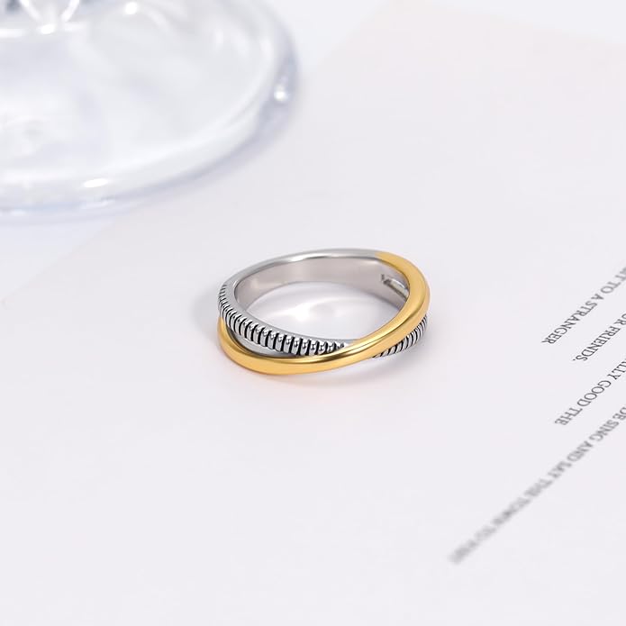 Two-Tone Wide Statement Ring for Women - Gold Silver Crossover Band with Ribbed Texture - Modern Fashion Jewelry Cocktail Ring - Mixed Metal Layered Design