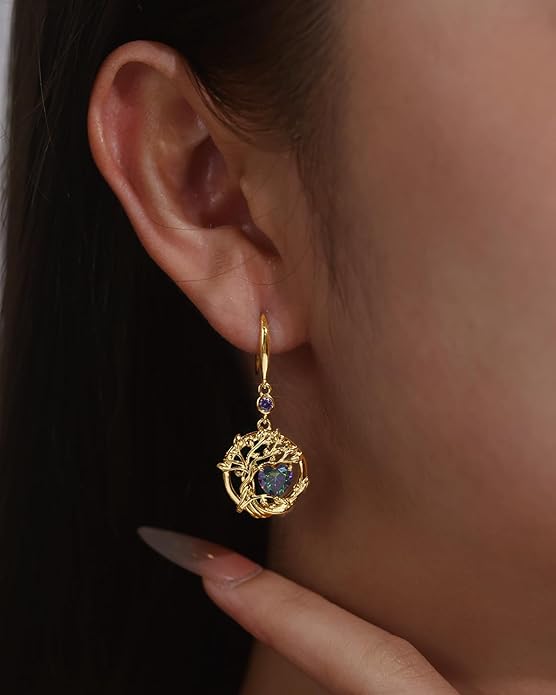FANCIME Tree of Life Dangle Drop Earrings 925 Sterling Silver Dainty Round Gemstone Birthstone Earring Fine Jewelry Birthday Christmas Gifts for Her Women