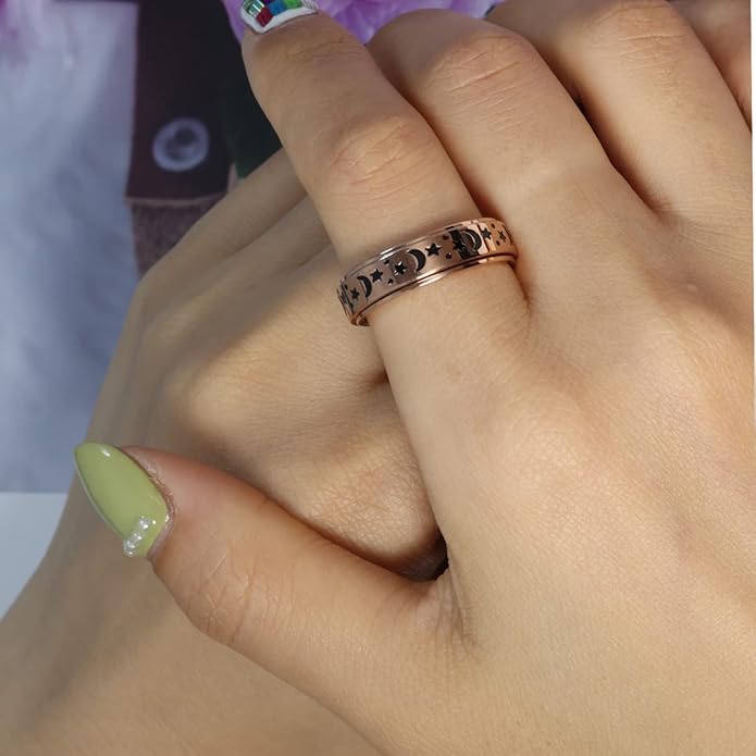 AmorArtSky Anxiety Ring for Women Men, Titanium Stainless Steel Spinner Ring, 5 Colors, 6MM, Size 6-10, 3 Styles Anxiety Ring-Moon Star, Sandblasted Finished, Hollow Outer