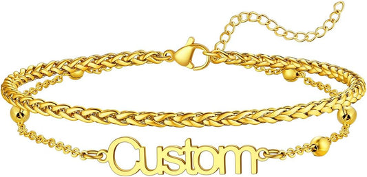 U7 Custom Layered Ankle Bracelets for Women Stainless Steel Bead/Cuban/Figaro/Rope/Wheat Chain Anklet Waterproof Anklet Jewelry for Beach Vacation