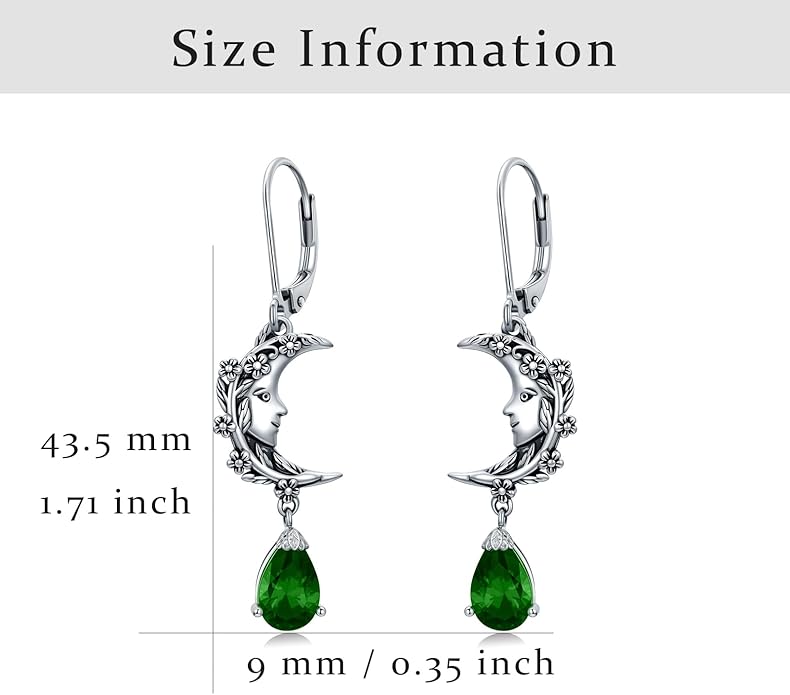 925 Sterling Silver Vintage Retro Oxidized Moon Crescent Dangle Drop Leverback Earrings with 12 Months Birthstone Jewelry Gifts for Women Her