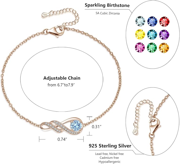 Birthstone Bracelets for Women 925 Sterling Silver Created Gemstone Bracelet Infinity Pendant Jewelry for Her, 6.7"+1.2"