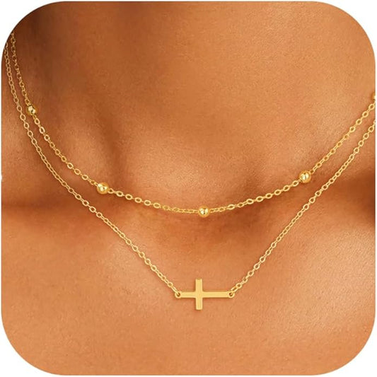 Cross Necklace for Women Dainty 14K Real Silver Gold Plated Layered Cross Pendant Necklace Stack Simple Trendy Cute Charm Choker Necklaces Jewelry Gift for Women Teen Her