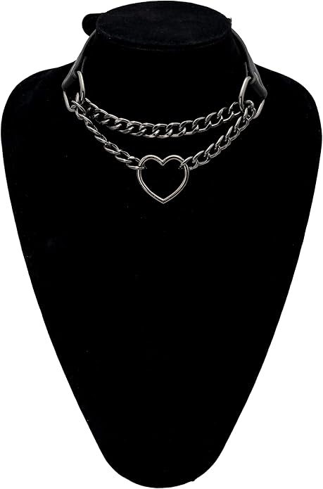 Black Leather Choker Collar For Women, Handmade Heart Slip Chain Choker Long Necklace with Adjustable Buckle